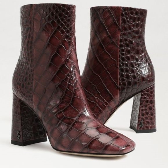 Sam Edelman Shoes - Sam Edelman Bordeaux Crocodile-Embossed Leather Boots NEW w Box Sz 8.5 M